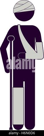 silhouette man with bandages and crutches vector illustration Stock Vector