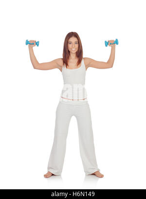 Happy girl in white toning her muscles isolated Stock Photo