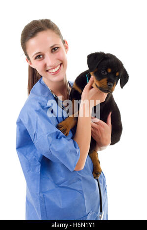 Brunette veterinary with a rottweiler puppy dog isolated on white background Stock Photo