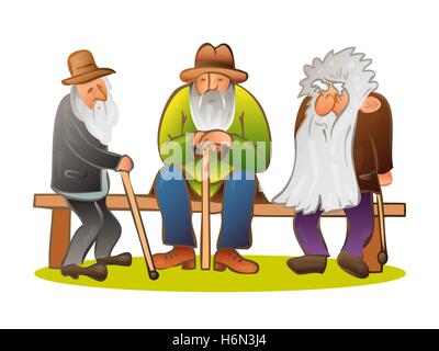Funny three old mens sitting on the bench. Old man with hat and walking cane. Sad grandfather with a long beard sitting on a ben Stock Vector