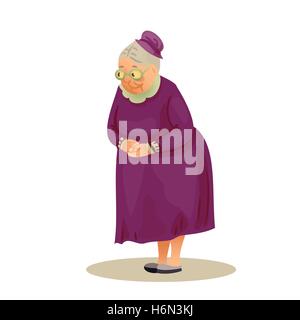 Funny elderly lady with glasses. Grandmother standing with folded hands. Festively dressed old woman in a hat. Colorful cartoon  Stock Vector