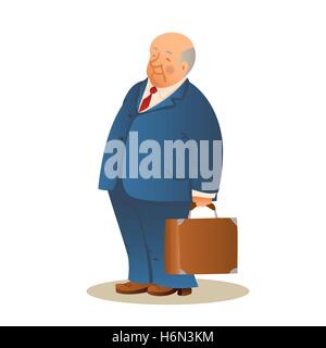 Funny old man with a suitcase. Business elderly man, wearing a suit and a tie. Colorful cartoon vector illustration on white bac Stock Vector