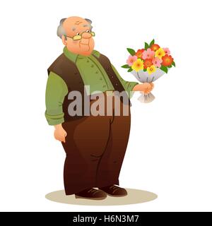 Funny old man with glasses. Elderly man holding a bouquet of flowers . Colorful cartoon vector illustration isolated on white ba Stock Vector