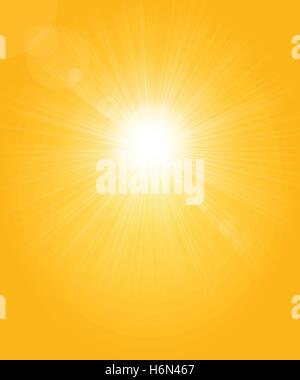 Golden background with glowing sun, rays and glares. Stock Vector