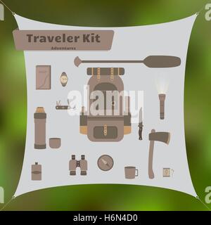 Travel kit with backpack and other survival and camping stuff. Stock Vector