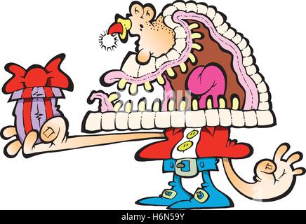 A silly Santa Claus in a red hat and coat, holding a gift with a red bow Stock Vector