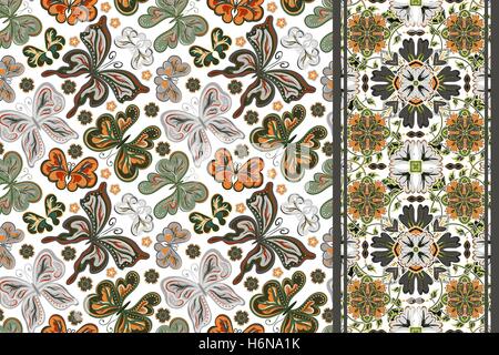 Set of seamless vector floral  pattern, pattern and border (band ribbon ) Can be used for wallpaper, pattern fills, surface textures. Stock Vector
