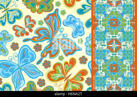 Set of seamless vector floral  pattern, pattern and border (band ribbon ) Can be used for wallpaper, pattern fills, surface textures. Stock Vector