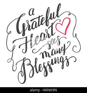A grateful heart sees many blessings. Gratitude brush calligraphy quote for greeting cards and posters. Handwritten thankfulness Stock Vector