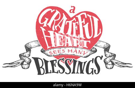 A grateful heart sees many blessings. Gratitude hand lettering quote with heart shape background. Handwritten thankfulness isola Stock Vector
