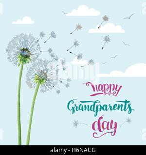 Happy Grandparents Day. Gift card for grandpa and grandma. Holiday illustration with dandelions and modern brush calligraphy Stock Vector