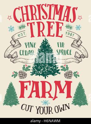 Christmas tree farm, cut your own. Hand-lettering vintage sign with hand-drawn christmas trees Stock Vector