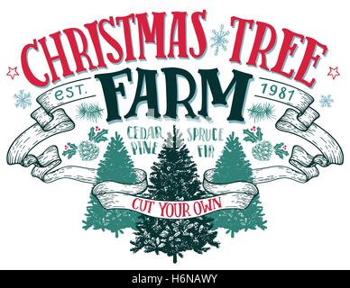 Christmas tree farm, cut your own. Hand-lettering vintage sign with hand-drawn christmas trees isolated on white background Stock Vector