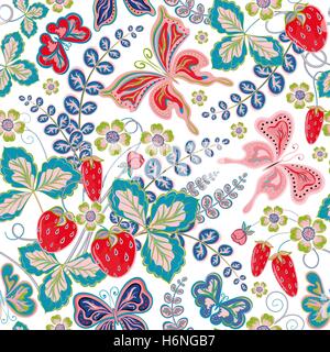 Seamless spring floral pattern with strawberries and flowers  butterflies (vector EPS 10). Stock Vector