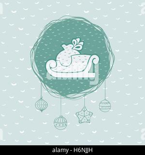 Christmas and New Year round frame with Santa's sled with gift sack symbol. Doodle illustration greeting card. Stock Vector