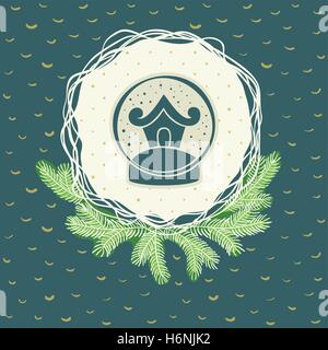 Christmas and New Year round frame with house in snow ball symbol. Doodle illustration greeting card. Stock Vector