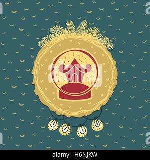Christmas and New Year round frame with house in snow ball symbol. Doodle illustration greeting card. Stock Vector