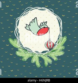 Christmas and New Year round frame with little bird holding tree decoration in beak symbol. Doodle illustration greeting card. Stock Vector