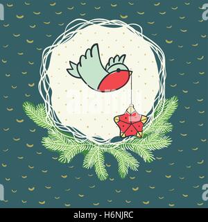Christmas and New Year round frame with little bird holding tree decoration in beak symbol. Doodle illustration greeting card. Stock Vector