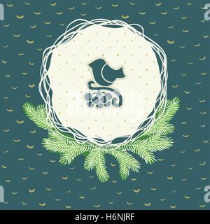 Christmas and New Year round frame with little bird sitting on tree branch symbol. Doodle illustration greeting card. Stock Vector