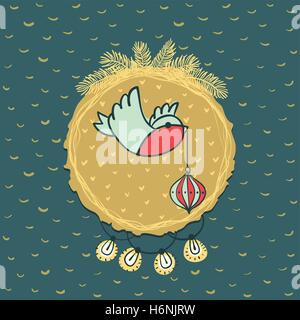 Christmas and New Year round frame with little bird holding tree decoration in beak symbol. Doodle illustration greeting card. Stock Vector