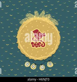 Christmas and New Year round frame with little bird sitting on tree branch symbol. Doodle illustration greeting card. Stock Vector
