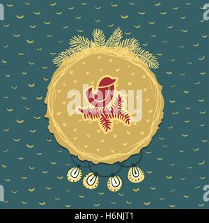 Christmas and New Year round frame with little bird sitting on tree branch symbol. Doodle illustration greeting card. Stock Vector