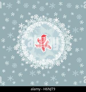 Christmas and New Year round frame with little bird sitting on tree branch symbol. Doodle illustration greeting card. Stock Vector