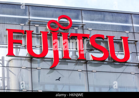 Fujitsu, logo, sign, Prague, Czech Republic Stock Photo