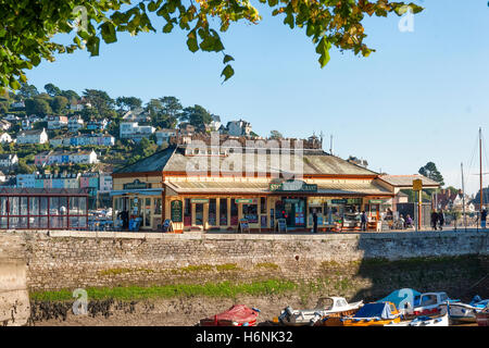 The Station Restaurant Dartmouth, Devon UK from the Boat Float against a clear blue sky with Kingswear in the background Stock Photo