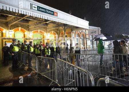 Tourists travelling by train to Lewes station on Bonfire Night or Guy Fawkes night festivities,  East Sussex, England, UK Stock Photo