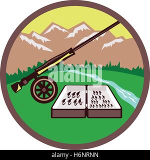 Illustration of a fly box and rod on wheel set inside circle with mountains, grass, trees and river in the background done in retro style. Stock Vector