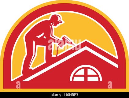 Illustration of a roofer construction worker wearing hat working on roof with hand drill viewed from the side set inside half circle done in retro style. Stock Vector