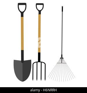 Garden Tools, Instruments Flat Icon Collection Set. Shovel, Rake Stock Vector