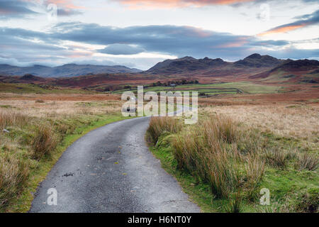 A country road leading to the mountains on Birker Fell and looking towards Scar Crag and Silver How in the Lake District Nationa Stock Photo