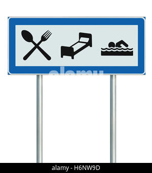 Parking Lot Road Sign Isolated, Restaurant, Hotel Motel, Swimming Pool Icons, Roadside Signage Pole Post, Blue, Black White Stock Photo