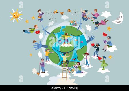 Circle of happy children of different races working and playing together take care of Planet Earth. Stock Vector