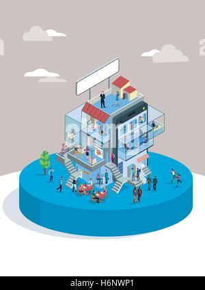Modern Office Building In Isometric View with businessman and businesswoman working in different departments. Business Stock Vector