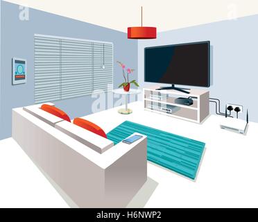 Modern interior Living Room  in a home with smart control, with technological equipment. Stock Vector