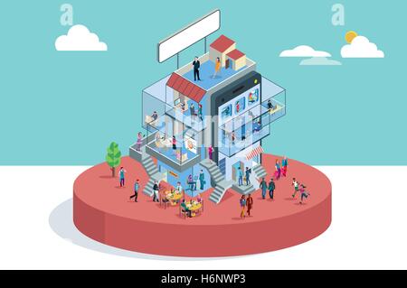 Modern Office Building In Isometric View with businessman and businesswoman working in different departments. Business presentat Stock Vector