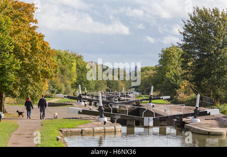 Hatton Locks on the Grand Union Canal looking towards Warwick, Warwickshire, England, UK Stock Photo