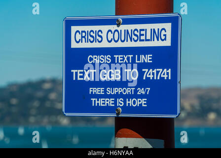 San Francisco, CA, USA, Close up, Warning Sign on Lamppost, Crisis Counseling, Suicide, Street Scenes, Golden Gate Bridge Stock Photo