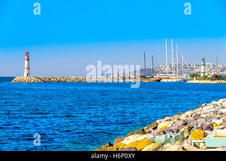 Turgutreis Lighthouse at Sunset, Bodrum, Turkey Stock Photo