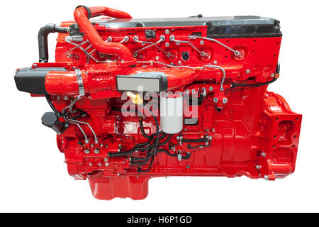 Modern six cylinder heavy duty diesel engine isolated on white background Stock Photo