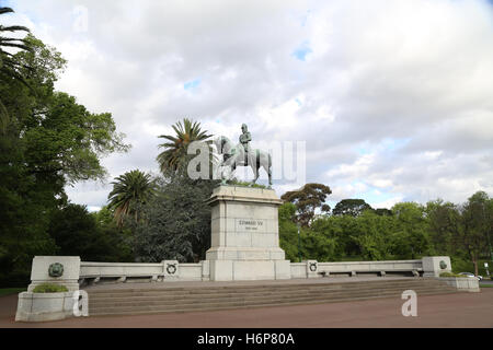 The equestrian statue of Queen Victoria’s son Edward VII in the Queen Victoria Gardens, Melbourne. Stock Photo