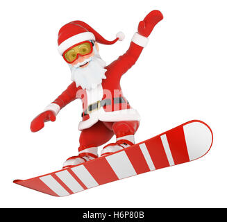 3d christmas people illustration. Santa Claus snowboarding jumping. Isolated white background. Stock Photo