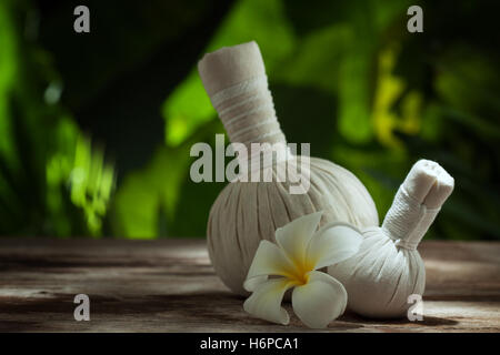 close up view of  white Herbal Compress on color back. Stock Photo