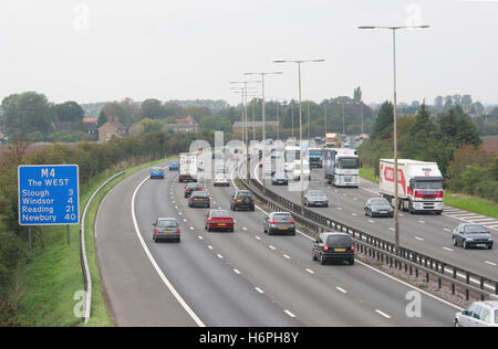 The busy M4 motorway west of London photographed looking East from an overbridge near junction 5 Stock Photo