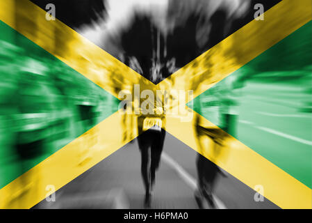 Marathon runner motion blur with blending  Jamaica flag Stock Photo