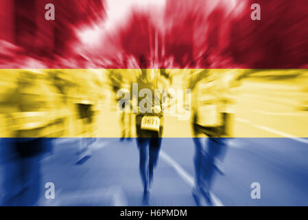 Marathon runner motion blur with blending  Romania flag Stock Photo